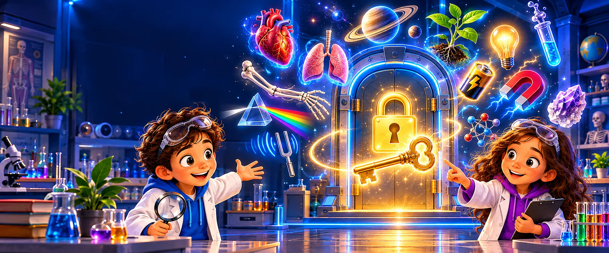 Two young scientists open a glowing locked door surrounded by science objects
